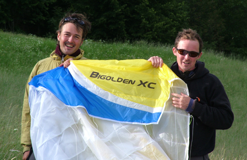 Toby and Cefn after their world record paraglider flight